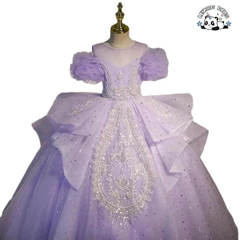LEZONKIDS - Tulle Dress Ball Gown Sequined Beaded Pearl Glitter High Craft Tulle Prom Dress Birthday Party Piano Performance Girl Dress